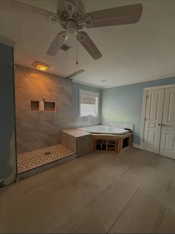 Corner tub during construction